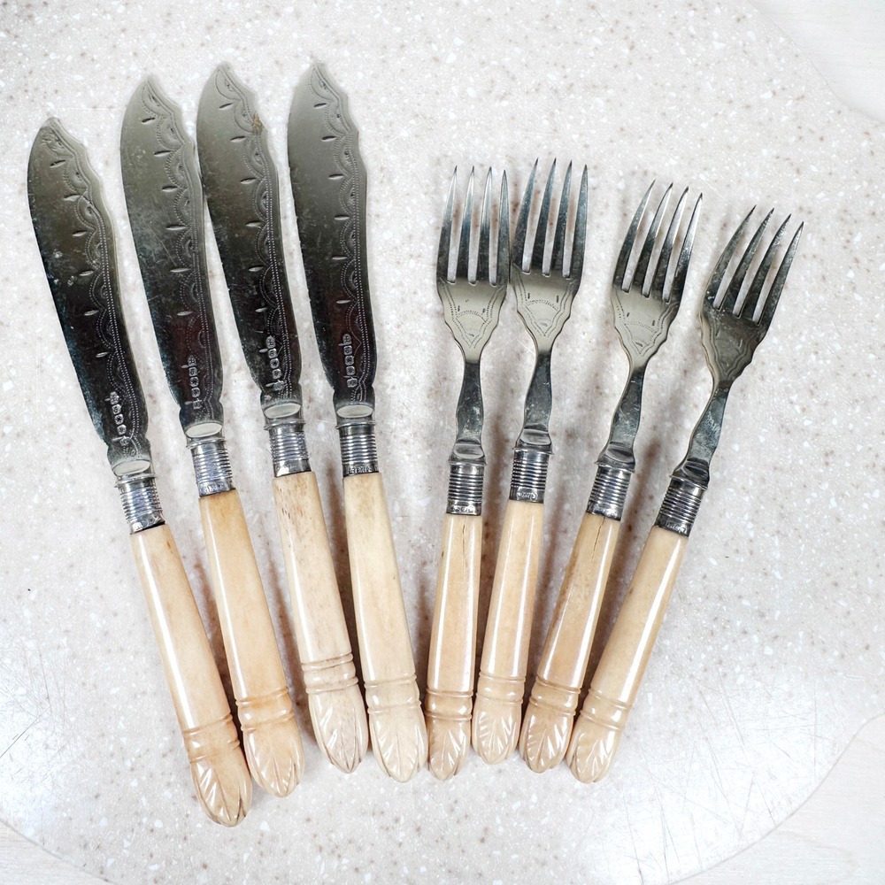 Silver Plate Fish Knives Forks Set Vintage EP MB Sheffield Ornate Blades 8pc